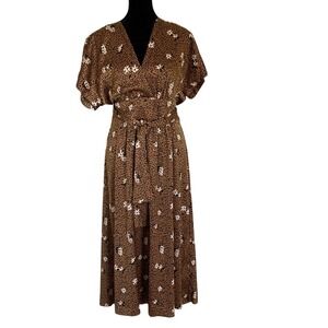 Anne‎ Klein Womens Leopard Floral Print Dress Size 12 V Neck Short Sleeve Midi